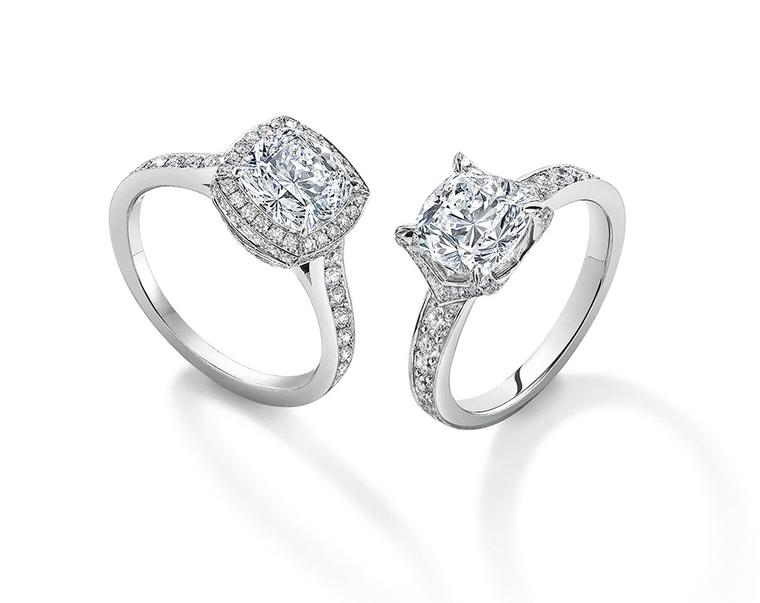 Asprey-cut diamond engagement rings with a micro-set diamond surround and pavé diamond V setting.